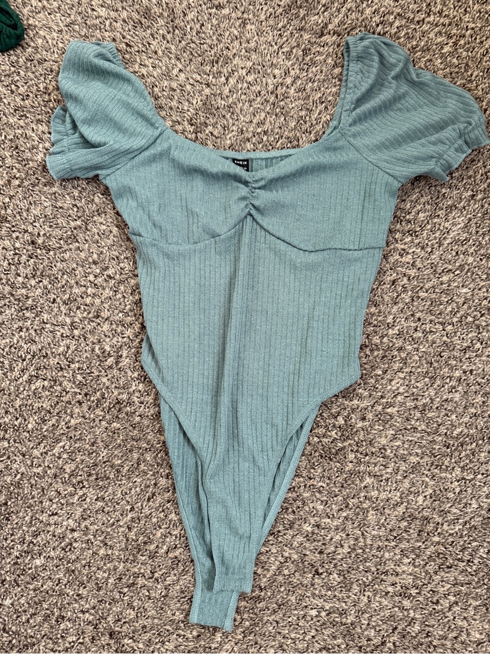 SHEIN Ribbed Puff-Sleeve One-Piece Bodysuit - Sage Green